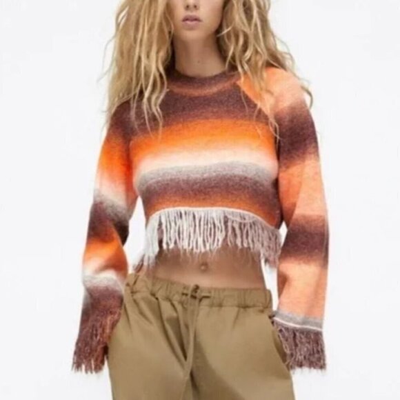 Zara Fringed Cropped Striped Pullover Long Sleeve Sweater Orange Ombre Small - Picture 1 of 5